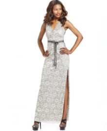 BCBGMAXAZRIA's luxe lace evening gown will steal the show with its sleek silhouette and sexy side slit.