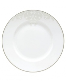 Refine your formal table with classic cream and white dinner plates. Trimmed in platinum and accented with a raised dot and scroll pattern, this china dinnerware from Lenox brings contemporary grace to special occasions. A pearlized finish adds subtle shimmer. Qualifies for Rebate