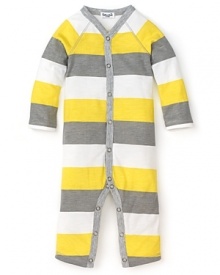 Get him cozy in this rugby-striped onesie featuring light, contrasting colors. With adjustable poppers for easy in and out.