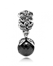 Faceted black spinel sways delicately from a sterling silver floral charm accented with grey crystal stones. By PANDORA.