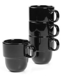 Keep the kitchen and table in check with Stax Living dinnerware. A sleek black glaze adorns mugs for everyday use, in a shape designed for efficient stacking and storage. Perfect for small spaces!