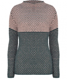 Stylish chunky-knit sweater in fine wool - Trendy color-blocking in green and pink - Features mock collar, slim, fitted shape with long sleeves - Comfortable length to just above the buttocks - Favorite piece for colder days - Looks great with jeans and ankle boots