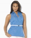 A classic poplin shirt is reimagined in Lauren by Ralph Lauren's sleeveless plus size tunic, finished with elegant stripes and a chic belted waist.