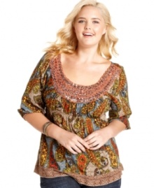 Revamp your casual style with One World's three-quarter-sleeve plus size top, featuring a sequined neckline.