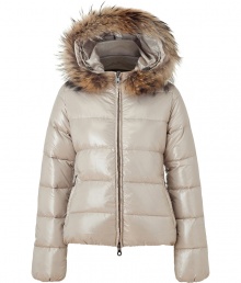 A sleek outer shell and elegant raccoon trim lend this Duvetica down jacket its sporty and stylish edge - In a lighter weight, wind- and water-resistant cream polyamide - Slim cut fits close to the body for extra warmth and tapers through waist - Full zip,  fur-trimmed hood and diagonal zippered pockets at sides - Perfect for cold weather casual looks including jeans, cords, chinos and ski pants