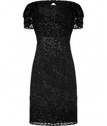 Take a wild stance on ladylike sophistication in LAgences black burn-out velvet leopard print sheath - Round neckline, sheer short sleeves, cut-out back with hidden zip at waist, hidden snap and hook closure at nape - Fitted - Wear with sleek pointy-toe pumps and a matching leather clutch