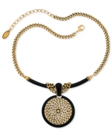 Get roped in with this necklace from T Tahari. It's crafted from nickel-free mixed metal, and features 14k gold plating and a black resin and rope design on the pendant. Approximate length: 17 inches + 3-inch extender. Approximate drop: 2-1/2 inches.