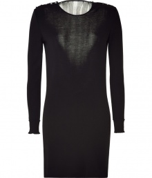 Subtle yet sultry, this Azzaro frock with a sheer detailed back will get you noticed - Round neck, embellished shoulders, long sleeves, fitted silhouette, billowy back sheer panel - Style with statement heels and an embellished clutch