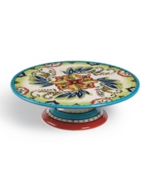 Spice up birthday cake, peach pie and other sweet treats with the Bocca cake stand from Tabletops Unlimited. Energizing florals in bold colors bring new excitement to favorite desserts.