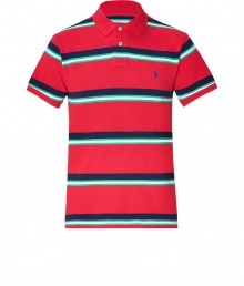 Must-have for the coming season is the classic polo shirt - This  version, from Ralph Lauren, the master of American style, features cool stripes in fine cotton, with embroidered signature logo on chest - Slim cut is longer in back than front - Try with favorite jeans, chinos or shorts for perfect preppy style