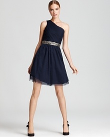 A sparkling beaded waistband packs a glam punch on this revel-ready Max & Cleo dress, cut in a one-shoulder silhouette.