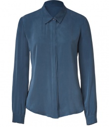 A cool blue hue informs this flattering feminine blouse from Theory - Spread collar, concealed front button placket, long sleeves with gathered cuffs, gathered back yoke - Tailored silhouette - Wear with cropped trousers, a chunky cardigan, and lace-up booties