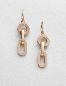 A logo accented nut and narrow, chain links in a chic drop design. Rose goldtone brassDrop, about 1.9Hook backImported 