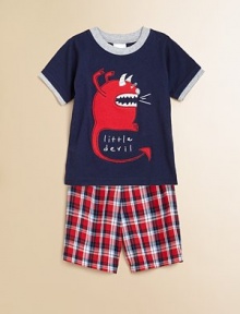 This devilish little set isn't complete without an intimidating graphic and matching plaid shorts. Tee CrewneckShort sleevesDevil appliquéCottonImported of domestic fabric Shorts Elastic waistbandTwo front side pocketsCottonMachine washImportedAdditional InformationKid's Apparel Size Guide 