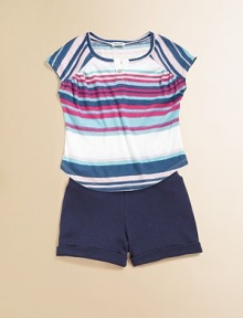 Delivering two striking pieces in one package, a vibrant striped knit is paired with wear-everywhere cuffed shorts for a playtime or dinnertime ensemble. Top Crewneck with v-insetShort cap sleevesFront buttonRound hem Short Elastic waistbandCuffed hem50% cotton/50% modalMachine washMade in USA