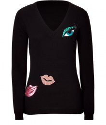 Quirky-cool patch details enliven this lovely pullover from Moschino C&C - V-neck, long sleeves, front eye-shaped and lip-shaped patches, slim fit, long body - Pair with skinny jeans, a pencil skirt, or cropped trousers