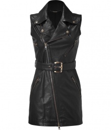 Biker-cool styling gets a luxe urban edge in McQ Alexander McQueens lambskin gilet, finished with cool hardware accents and a form-fitting cut for results guaranteed to make an impact - Snapped notched collar, sleeveless, asymmetrical front zip, zippered pockets, belted waistline, belt loops - Streamline with super-soft tees and skinny jeans