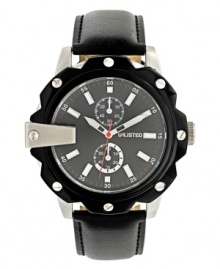 Push it to the limit with this watch by Unlisted. Black polyurethane strap and round silver tone mixed metal case with black bezel featuring screws. Black dial features stick indices, minute track, two subdials, three hand and logo. Quartz movement. Splash resistant. Two-year limited warranty.