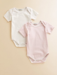 Comfy baby basics in soft cotton knit, offering one dot and one solid design.Envelope shoulders for easy on and off Short sleeves Snap bottom Cotton; machine wash Imported