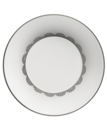 Vera Wang marries modern shapes with traditional lace in this set of dinnerware. The dishes are decidedly timeless. Platinum trim and banding add delicate feminine touches to this white bone china saucer.