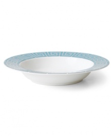 Dress up your table any day of the week with the dishwasher-safe and fabulously stylish Greek Key soup bowl that will nicely complement your dinnerware. Dishes by Jonathan Adler are distinctive, especially this bowl, which gives the ancient pattern a bold, modern feel in teal blue, bright white and shimmering platinum.