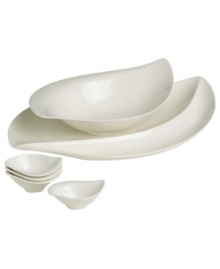 Fresh modern. Sheer white china in leaf form inspires naturally harmonious dining. The soft fluidity and radiant glaze of each dip and serving bowl give this appetizer set quiet elegance and lasting appeal. A gracefully divided serving plate hosts two delicacies at once. From Villeroy & Boch's collection of serveware and serving dishes.