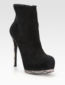 Undeniably chic ankle boot rendered in lush suede, with rich python-print accents and a partially hidden platform. Python-print leather heel, 5¾ (145mm)Hidden and python-print leather platform, 1¾ (45mm)Compares to a 4 heel (100mm)Suede upperSide zipLeather lining and solePadded insoleImported