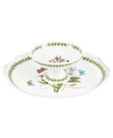 Lifelike blooms and Portmeirion's triple-leaf border grace this daintily scalloped chip and dip, a must-have for the Botanic Garden dinnerware collector. With sweet peas on platter and dog rose in the dip bowl.