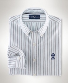 A long-sleeved sport shirt is cut for a trim, modern fit in breathable pinpoint oxford-woven cotton with a handsome striped finish.