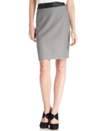 A faux-leather waistband adds a dose of sophisticated edge to this checkered pencil skirt by Vince Camuto. (Clearance)