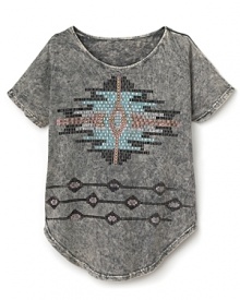 Allover stone wash pattern, tribal print accents, beaded mosaic at the chest