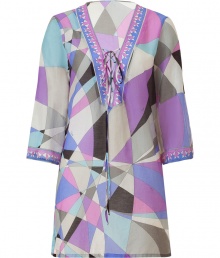 Inject Palm Springs-inspired retro chic with this geometric print caftan from Emilio Pucci - V-neck with lace up detail, three-quarter bell sleeves, side vents, relaxed silhouette, semi-sheer - Style with a halter style swimsuit and embellished sandals for poolside luxe