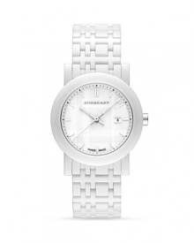 A white ceramic, check inspired link bracelet adds polished modernism to your wrist. From Burberry. Made in Switzerland.