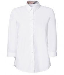 Build the foundations of your polished workweek looks with Burberry Londons crisp cotton 3/4 sleeve button-down - Classic collar with trench tan check lining, 3/4 length sleeves, buttoned cuffs, button-down front, shirttail hemline - Tailored fit - Wear with everything from jeans and flats to pencil skirts and heels