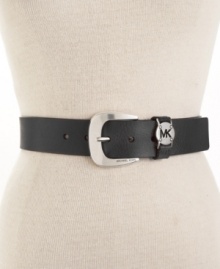 A classic leather belt gets a contemporary update from the MICHAEL Michael Kors silver cutout logo disc at closure.