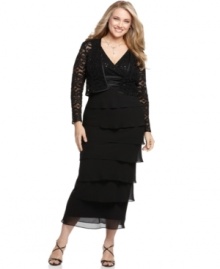 R&M Richard's plus size dress features layer after layer of dazzling detail: A sequined neckline meets a satin empire waistband and descends to an elegantly tiered, floor-length skirt. A lacey matching bolero finishes the look!