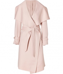 Get super luxurious style in this neutral-hued cashmere-and-wool blend coat from rnSalvatore Ferragamo - Oversized shawl collar, long sleeves with belted cuffs, self-tie belt at waist, slit pockets, back storm flap and slit at hem - Wear with a wool sheath dress and heels or slim trousers and a cashmere pullover