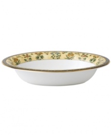 In 18th century England, Josiah Wedgwood, creator of the world famous Wedgwood ceramic ware, established a tradition of outstanding craftsmanship and artistry which continues today. The exotic India dinnerware pattern presents a pattern of exquisitely detailed, diminutive florals on a yellow and deep blue band against pure white bone china.