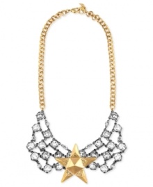 Star attraction. This statement necklace from RACHEL Rachel Roy is crafted from gold-tone and silver-tone mixed metal. Glass stones and a removable pin make sure you're the center of attention. Approximate length: 17 inches. Approximate drop: 2 inches. Approximate diameter: 5 inches.