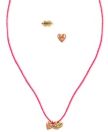 Talking about love. This necklace and stud earrings set from RACHEL Rachel Roy features lip and heart themed pieces crafted from gold-tone and rose gold-tone mixed metal. A pink wax cotton cord adds to the whimsical effect. Approximate length (necklace): 15 inches. Approximate drop (necklace): 1/4 inch. Approximate diameter: 1/4 inch.