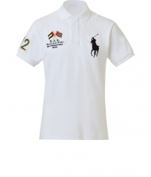 For a modern riff on a venerable classic, try Ralph Laurens big logo polo shirt - Soft yet durable white pique cotton - Slim, straight cut - Small collar and short button placket - Oversize polo pony logo at chest, numbered sleeve and XL numbered team graphic at back - Hem hangs slightly longer in the back - Casually cool, ideal for everyday leisure - Pair with jeans, chinos or shorts