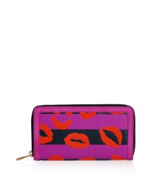 Detailed with a mash-up of bold graphic prints, Marc by Marc Jacobs stripey lips wallet is a fun choice for stashing away your everyday essentials - Metal zip-around closure, zippered change purse, multiple credit card slots, leather trim - Carry alone for running quick errands, or slip into a bright monochrome handbag