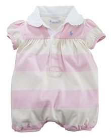 Taking a sporty style and making it feminine, a classic striped rugby is transformed into a supremely sweet shortall with pretty ruffles for a finishing touch.