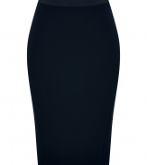 An exquisite choice for business to cocktails looks, Donna Karans stretch wool pencil skirt cuts a flattering feminine figure no matter how you wear it - Black elasticized grosgrain waistband, contoured seaming, hidden back zip, kick pleat - Form-fitting - Team with feminine tops and standout statement accessories