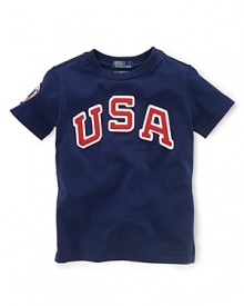 A sporty tee in soft breathable cotton is accented with heritage pride, celebrating Team USA's participation in the 2012 Olympics.Contrast ribbed crew neckline.