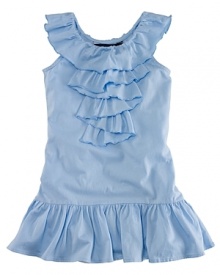 A comfortable drop-waist dress in a soft cotton blend is finished with ruffles for a preppy look.