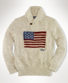 A hearty mockneck sweater is rendered in soft cotton with an intarsia-knit flag motif for an authentic heritage look.