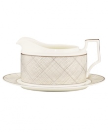 Dressed in a fine diamond grid of bronze and warm taupe, this gravy server is tailored for formal dining and everyday elegance. A hooked handle architects a unique silhouette to enhance more classic bone china essentials. From Noritake's collection of serveware and serving dishes.