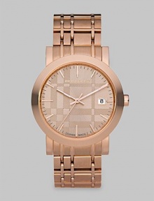 A classic, iconic design with an etched check dial in a warm rose goldtone. Quartz movementWater resistant to 5 ATMRound rose goldtone ion-plated stainless steel case, 38mm (1.5) Smooth bezelCheck etched dialBar hour markersDate display at 3 o' clockSecond hand Rose goldtone ion-plated stainless steel check link bracelet, 20mm (.78)Made in Switzerland 