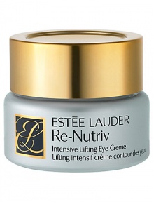 Re-Nutriv Intensive Lifting Eye Creme virtually lifts eye area, giving it a younger, brighter appearance. Special moisture magnets instantly attract and bind moisture - comforting, refreshing and plumping your skin. Reduces the appearance of lines and wrinkles around the eyes. Minimizes the look of dark circles and helps inhibit their reappearance. Extra-gentle, delicately emollient formula includes a rare anti-irritant to de-emphasize puffiness. 0.5 oz. 